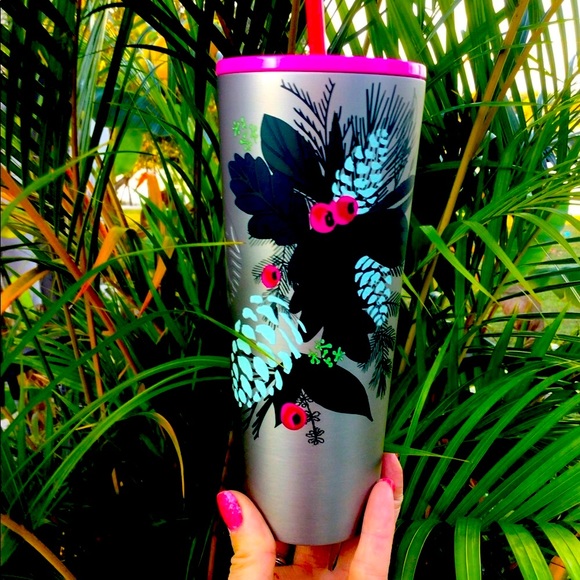 Starbucks Brushed Silver Stainless Cup Steel Floral Tumbler Limited Release New - Picture 1 of 14